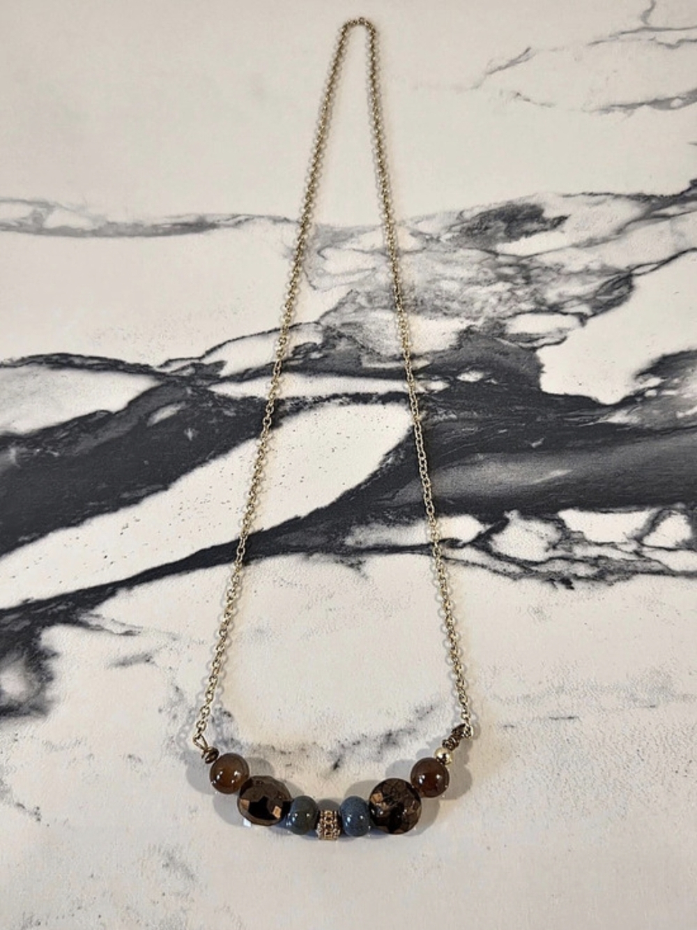 Gold-Tone Earthy Beaded Statement Bib Necklace Blue & Bronze Accents